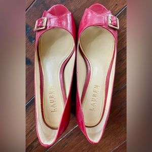 Ralph Lauren Red Leather Peep Toe Heels with Gold buckle accent Size 6